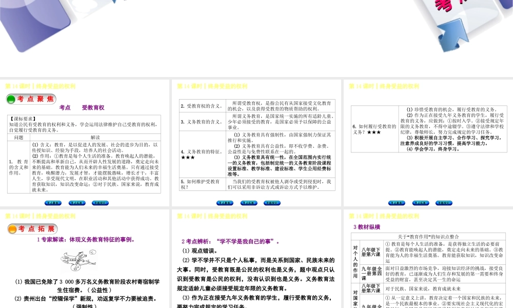 （呼伦贝尔兴安盟专版）中考政治复习方案 第二部分 八年级 第14课时 终身受益的权利教材梳理课件-人教版初中九年级全册政治课件