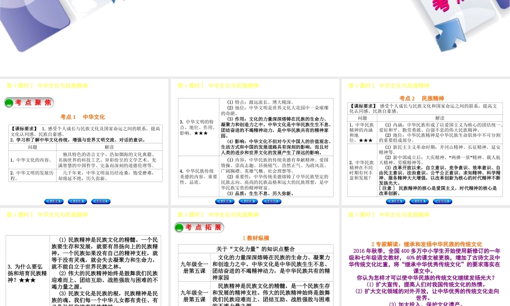 （呼伦贝尔兴安盟专版）中考政治复习方案 第一部分 九年级全一册 第4课时 中华文化与民族精神教材梳理课件-人教版初中九年级全册政治课件