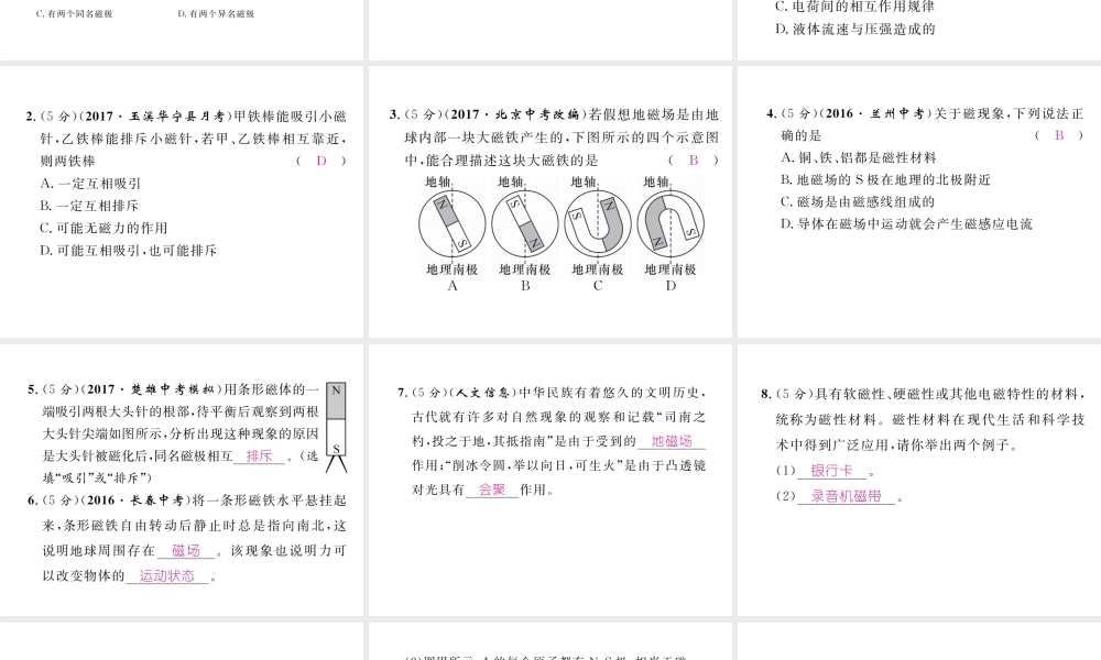 （云南专用）九年级物理全册 17.1 磁是什么 第1课时 磁现象 地磁场作业课件 （新版）沪科版-（新版）沪科版初中九年级全册物理课件