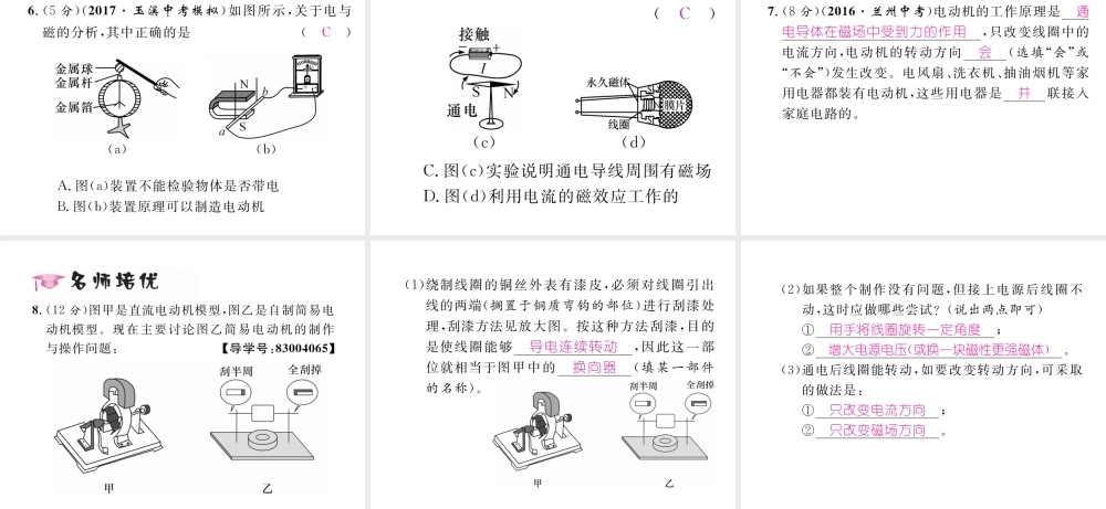 （云南专用）九年级物理全册 17.3 科学探究 电动机为什么会转动作业课件 （新版）沪科版-（新版）沪科版初中九年级全册物理课件