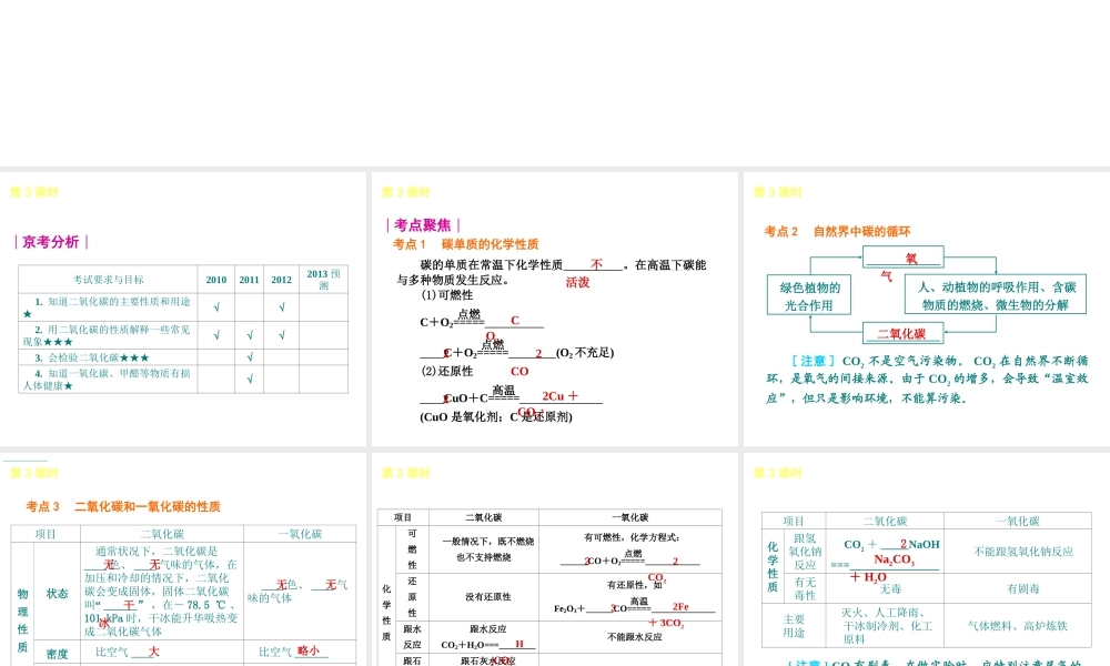 （北京专版）2013届中考化学考前热点冲刺《第3课 碳和碳的氧化物 》课件（单课考点自主梳理+热点反馈+典例真题分析）