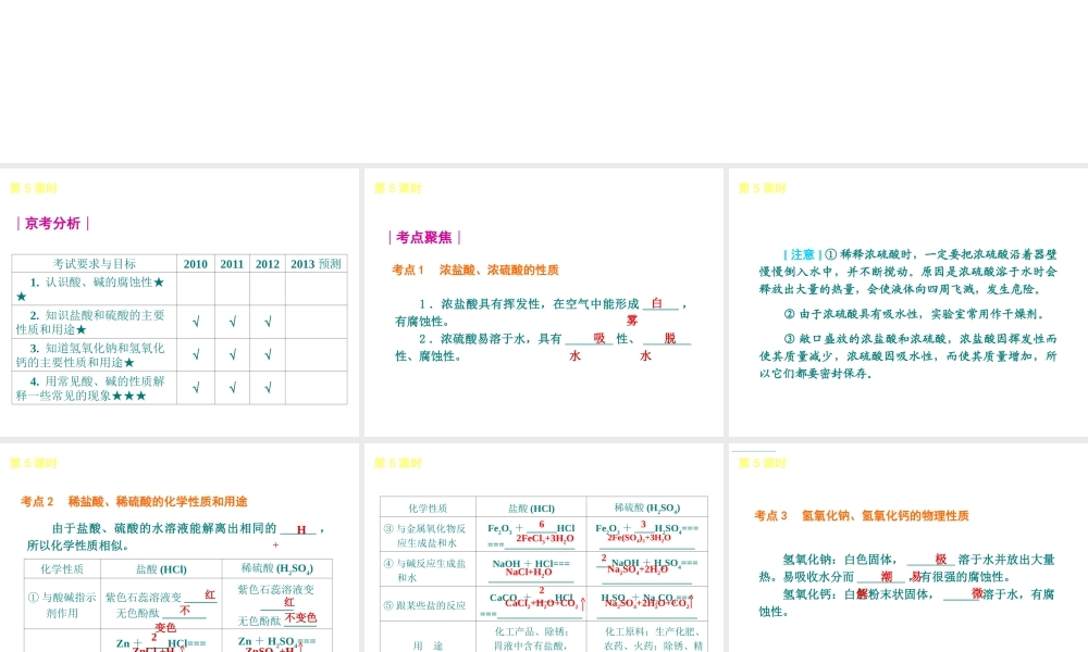 （北京专版）2013届中考化学考前热点冲刺《第5课 常见的酸和碱 》课件（单课考点自主梳理+热点反馈+典例真题分析）