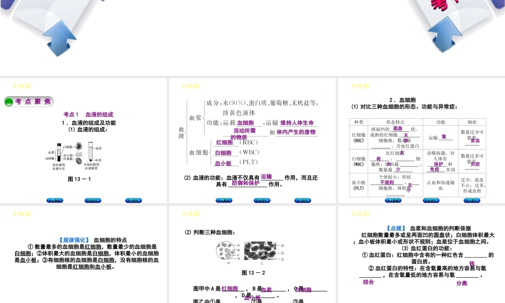 （北京专版）中考生物复习方案 主题五 生物圈中的人 第13课时 血液、血管和血型、输血课件-人教版初中九年级全册生物课件