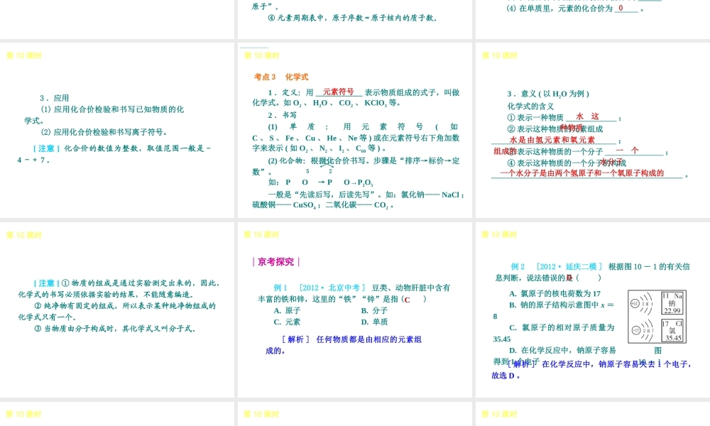 （北京专版）2013届中考化学考前热点冲刺《第10课时 化学元素与物质组成的表示》课件（单课考点自主梳理+热点反馈+典例真题分析）