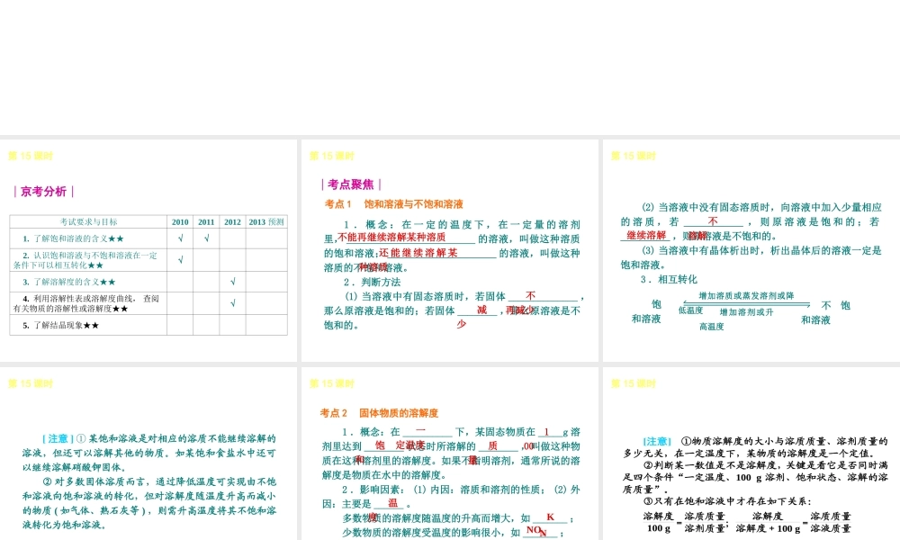 （北京专版）2013届中考化学考前热点冲刺《第15课时 溶液的分类与溶解度》课件（单课考点自主梳理+热点反馈+典例真题分析）