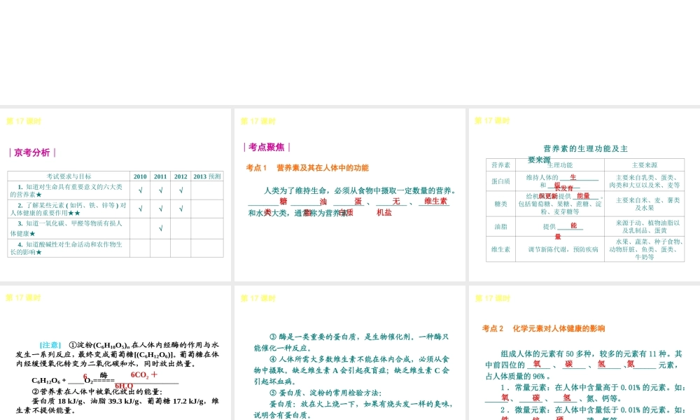 （北京专版）2013届中考化学考前热点冲刺《第17课时 化学物质与健康》课件（单课考点自主梳理+热点反馈+典例真题分析）