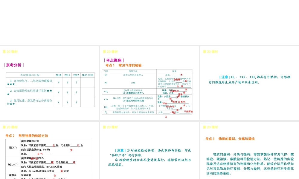 （北京专版）2013届中考化学考前热点冲刺《第20课时 物质的检验与鉴别、分离 》课件（单课考点自主梳理+热点反馈+典例真题分析）