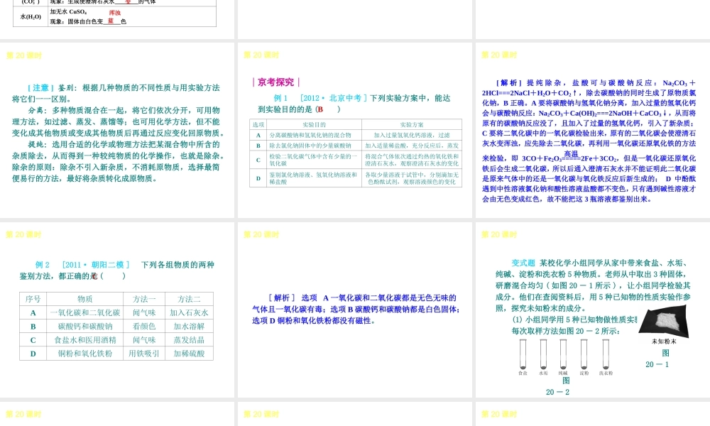 （北京专版）2013届中考化学考前热点冲刺《第20课时 物质的检验与鉴别、分离 》课件（单课考点自主梳理+热点反馈+典例真题分析）