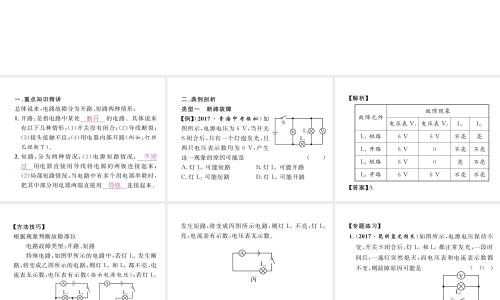 （云南专用）九年级物理全册 专题四 电路故障分析作业课件 （新版）沪科版-（新版）沪科版初中九年级全册物理课件