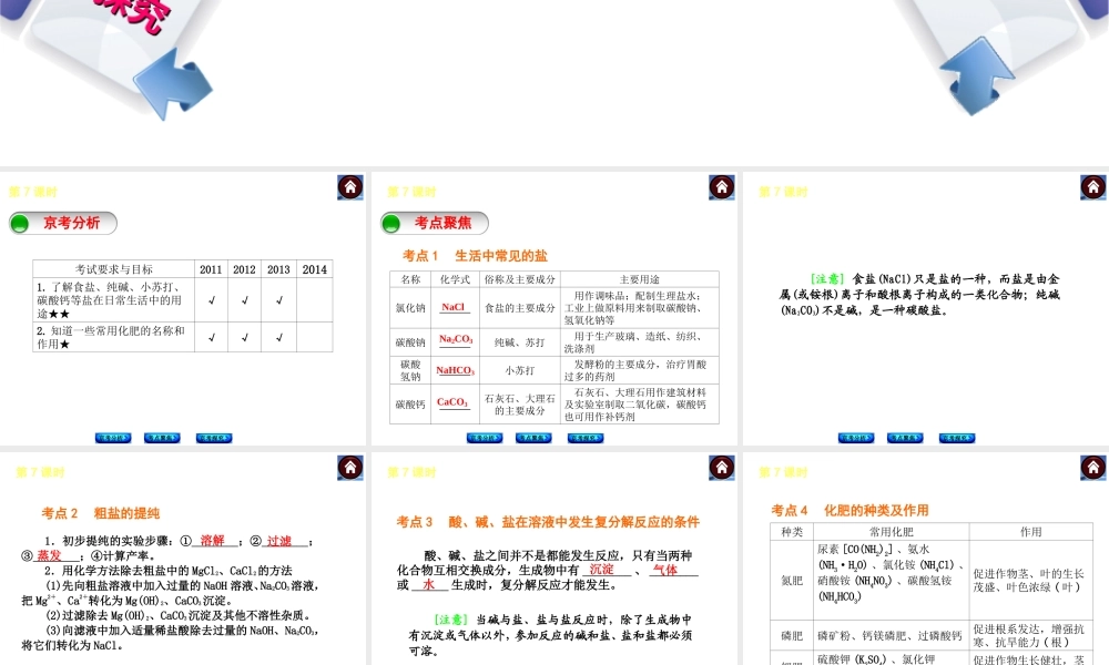 （北京专版）2014中考化学复习方案 第7课时 生活中常见的盐课件（京考分析+考点聚焦+京考探究，含2013试题）