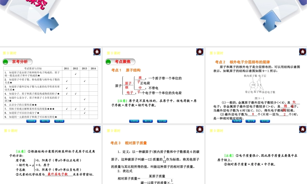 （北京专版）2014中考化学复习方案 第9课时 粒子构成物质课件（京考分析+考点聚焦+京考探究，含2013试题）