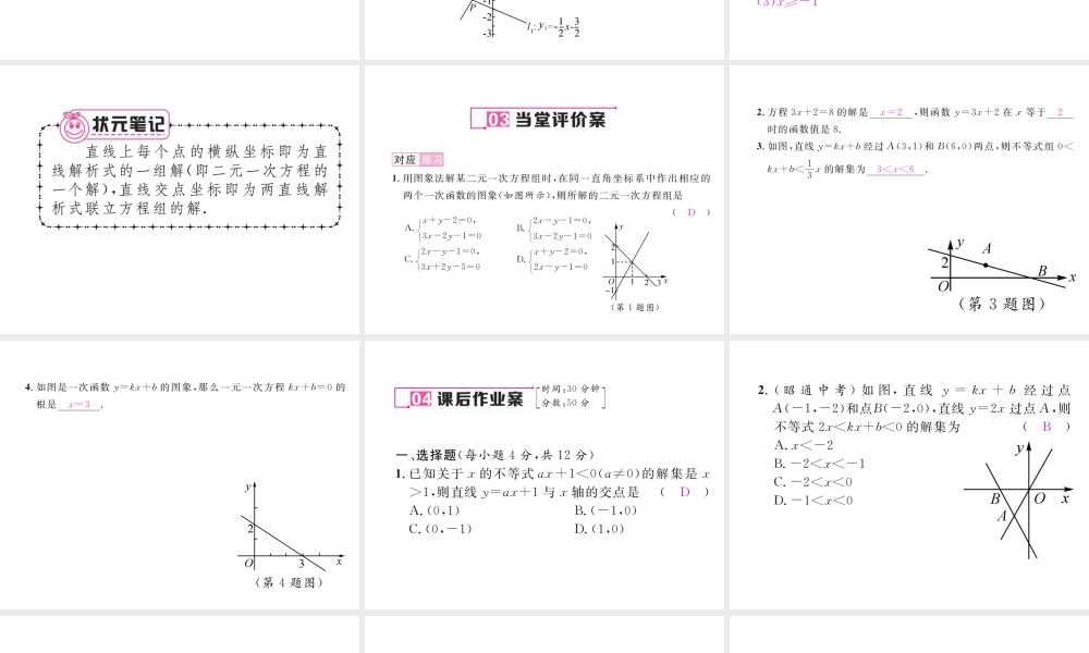 （云南专级数学下册 第19章 一次函数 19.2 一次函数 19.2.3 一次函数与方程、不等式作业课件 （新版）新人教版-（新版）新人教级下册数学课件