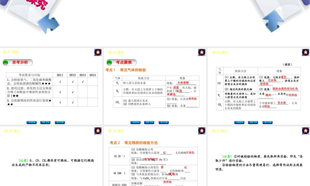 （北京专版）2014中考化学复习方案 第20课时 物质的检验与鉴别、分离与提纯课件（京考分析+考点聚焦+京考探究，含2013试题）
