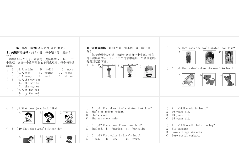 （安徽专版）2018年春七年级英语下册 Unit 9 What does he look like达标测试卷课件 （新版）人教新目标版