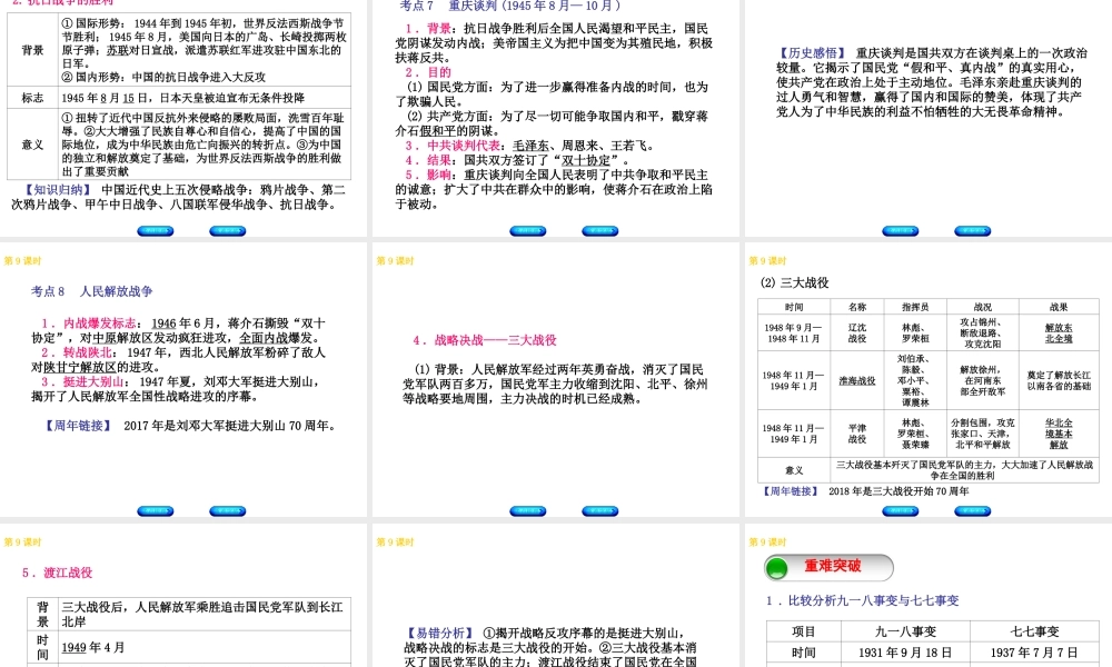 （北京专版）中考历史 第一篇 教材梳理复习 第二单元 中国近代史 第9课时 中华民族的抗日战争与人民解放战争的胜利课件-人教版初中九年级全册历史课件