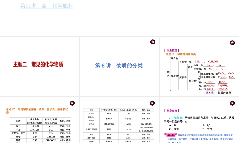 （天津专版）2014届中考化学夺分自主复习案 主题二 常见的化学物质课件（自主梳理+热身反馈+典例分析+真题展示+自主训练+名师预测）