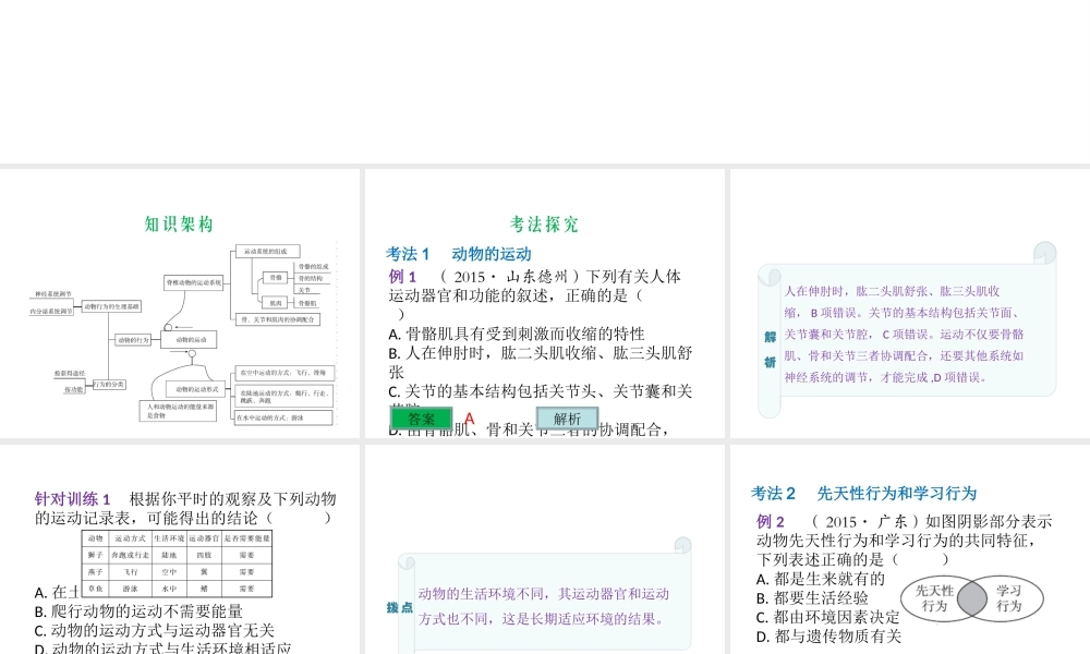 （云南专用）中考生物总复习 专题十五 动物的运动和行为课件-人教级全册生物课件