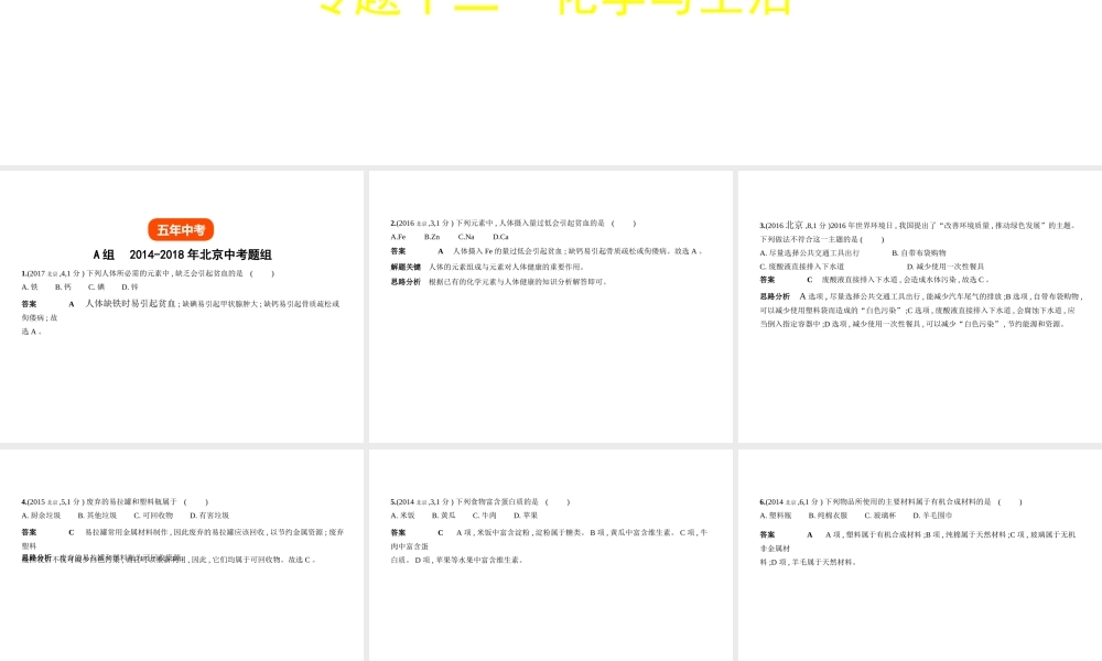 （北京专用）中考化学复习 专题十二 化学与生活（试卷部分）课件-人教版初中九年级全册化学课件