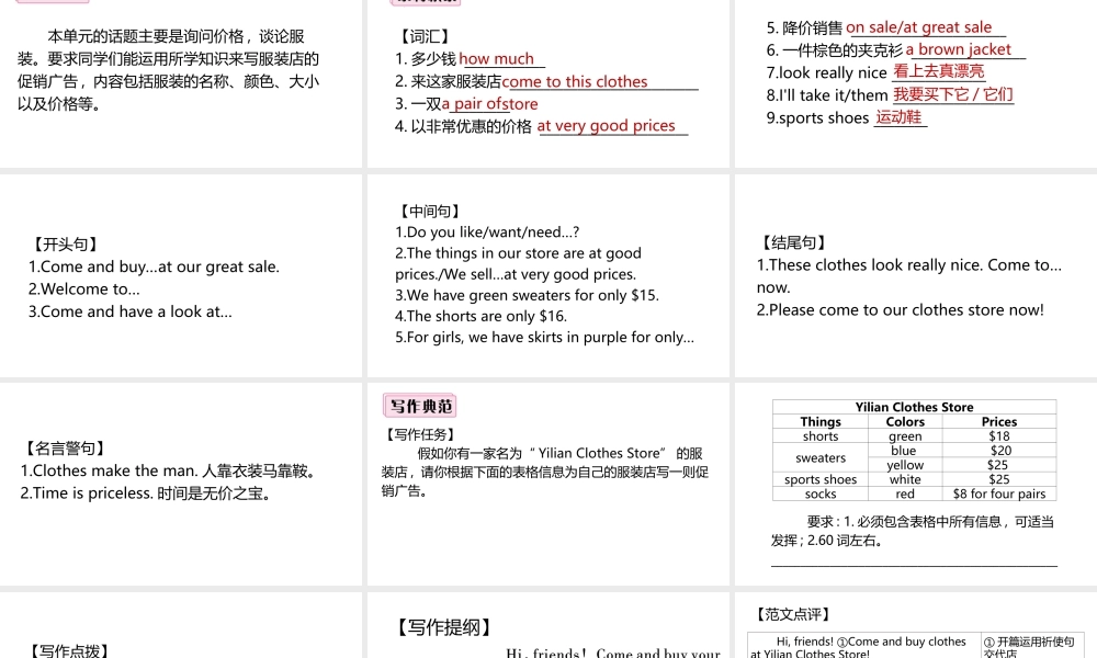 （安徽专版）七年级英语上册 Unit 7 How much are these socks单元写作专项课件 （新版）人教新目标版-（新版）人教新目标版初中七年级上册英语课件