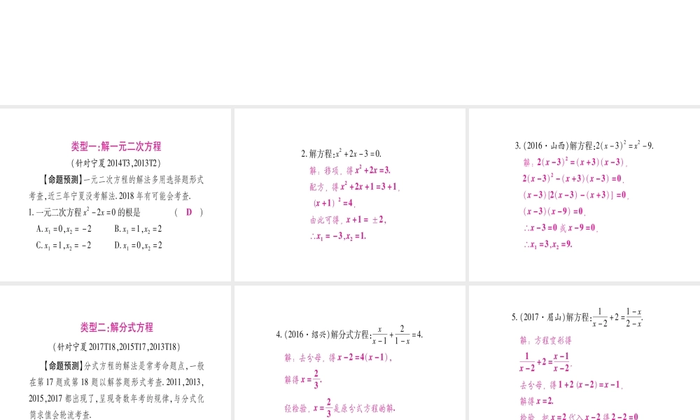 （宁夏专版）中考数学总复习 第二轮 中档题突破 专项突破2 方程（组）与不等式（组）的解法课件-人教版初中九年级全册数学课件