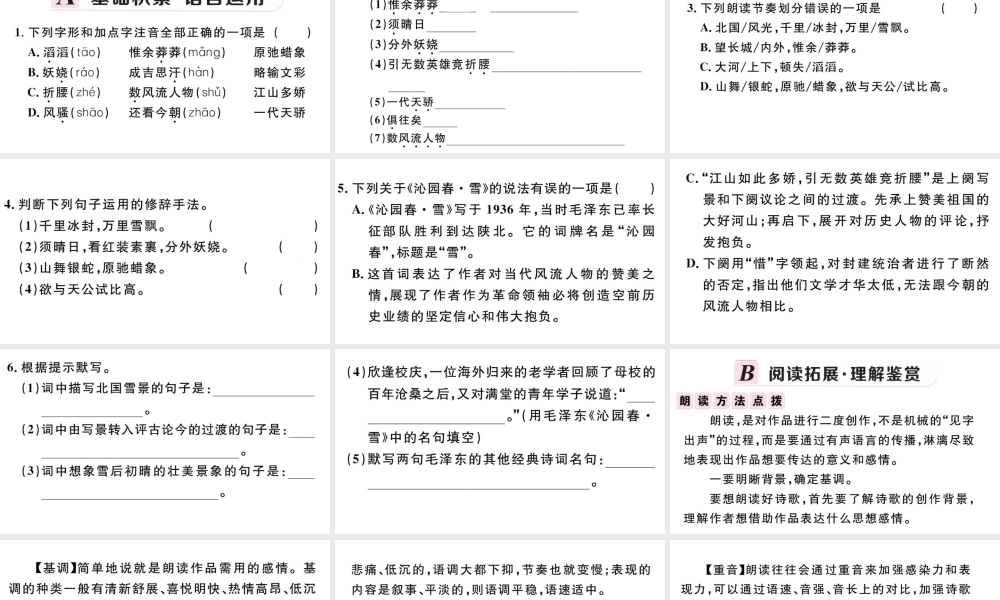 （孝感专版）秋九年级语文上册 第一单元 1 沁园春 雪习题课件 新人教版-新人教版初中九年级上册语文课件