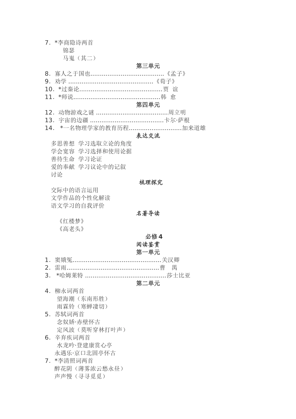 人教版（新课标）高中语文必修1~5目录阅读鉴赏_第3页