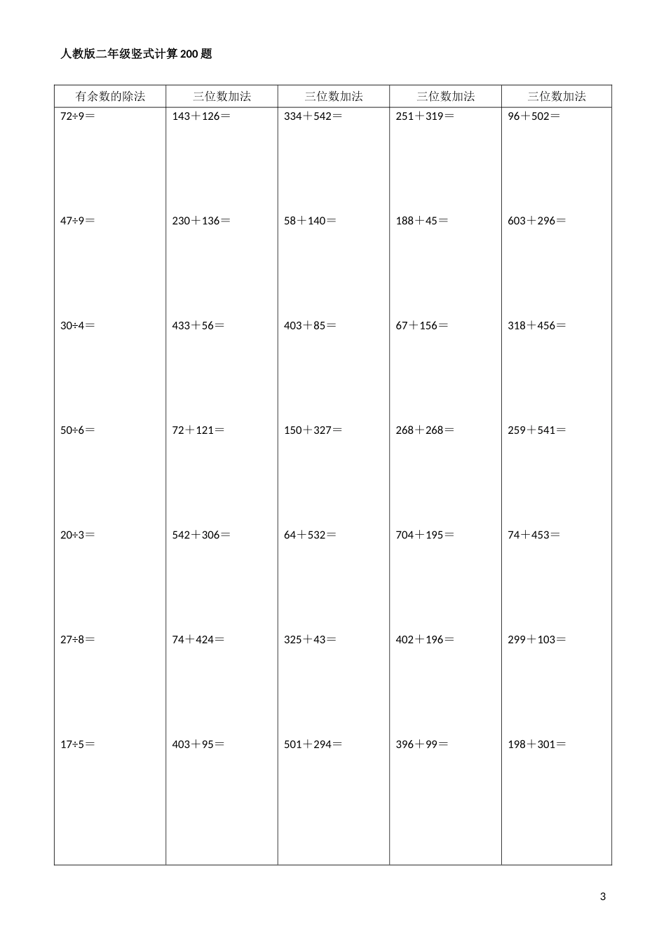 人教版二年级竖式计算200题_第3页