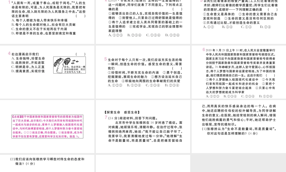 （安徽专版）七年级道德与法治上册 第四单元 生命的思考 第十课 绽放生命之花 第1课时 感受生命的意义课件 新人教版-新人教版初中七年级上册政治课件