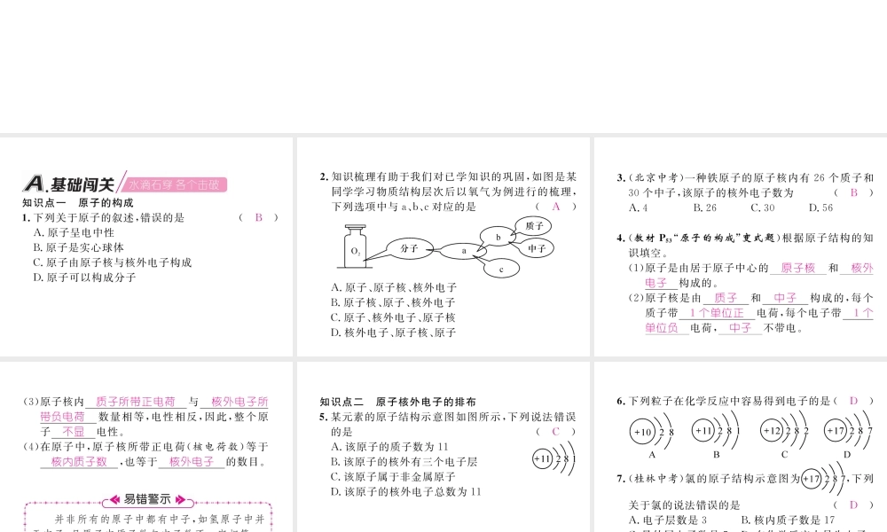 （安徽专版）秋九年级化学上册 第3单元 物质构成的奥秘 课题2 原子的结构 第1课时 原子的构成作业课件 （新版）新人教版-（新版）新人教版初中九年级上册化学课件