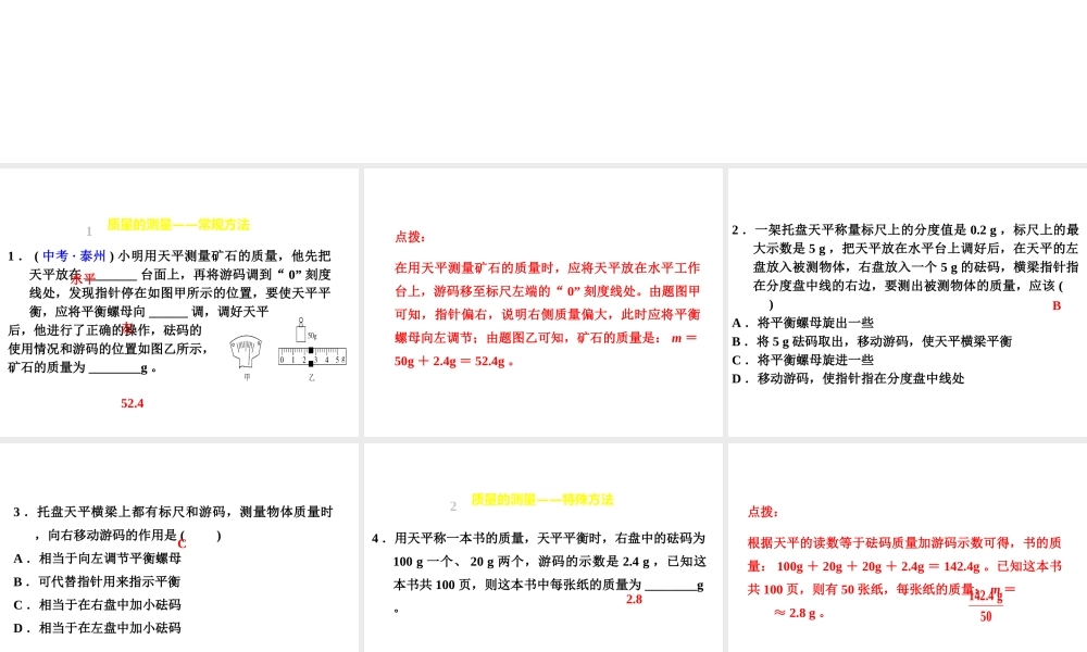 （安徽专版）八年级物理上册 专题技能训练 质量的测量习题课件 （新版）粤教沪版-（新版）粤教沪版初中八年级上册物理课件