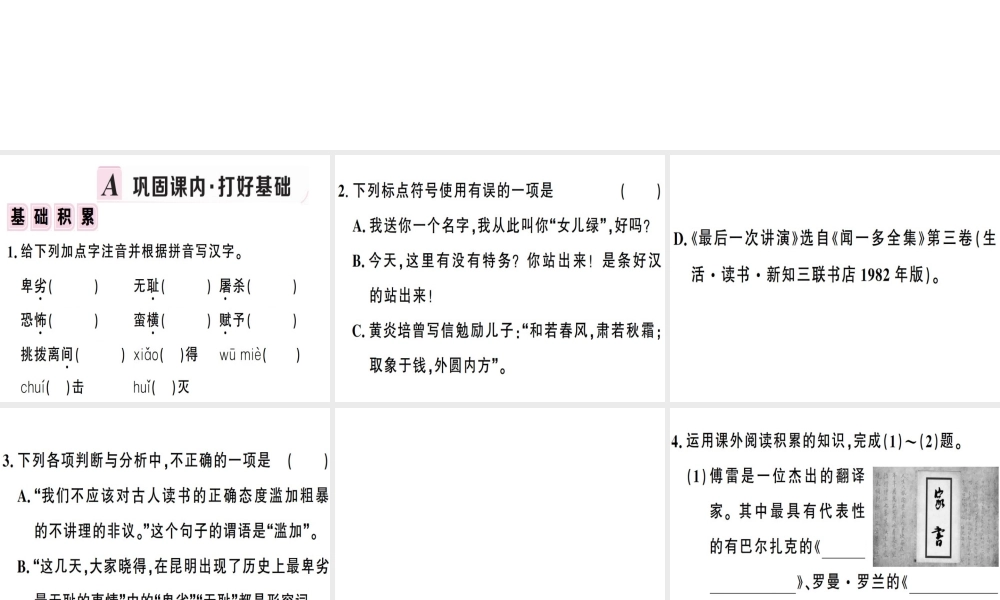 （安徽专版）春八年级语文下册 第四单元 13 最后一次讲演习题课件 新人教版-新人教版初中八年级下册语文课件
