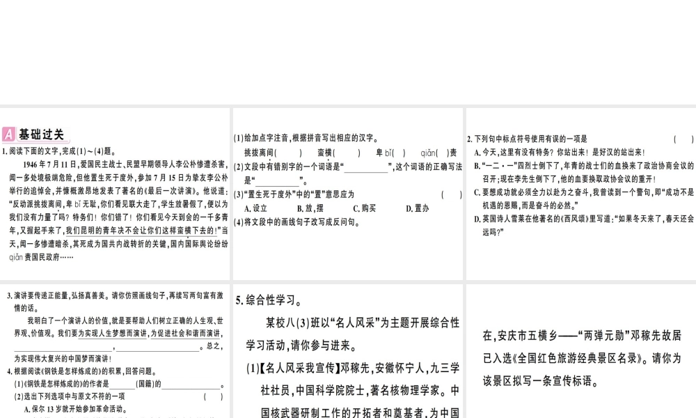 （安徽专版）春八年级语文下册 第四单元 13最后一次讲演习题课件 新人教版-新人教版初中八年级下册语文课件