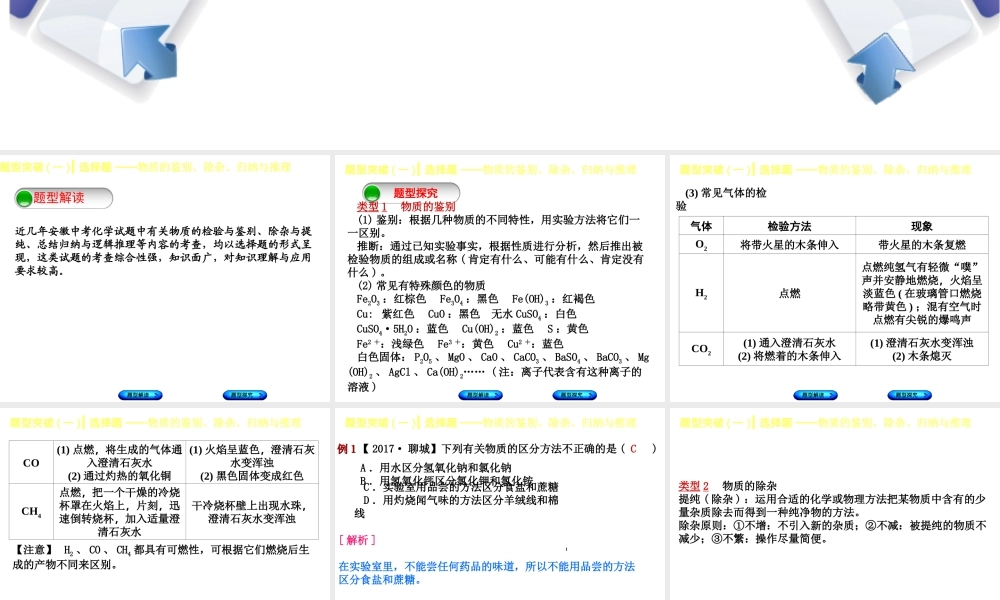 （安徽专版）中考化学复习 题型突破（一）选择题—物质的鉴别、除杂、归纳与推理课件-人教版初中九年级全册化学课件