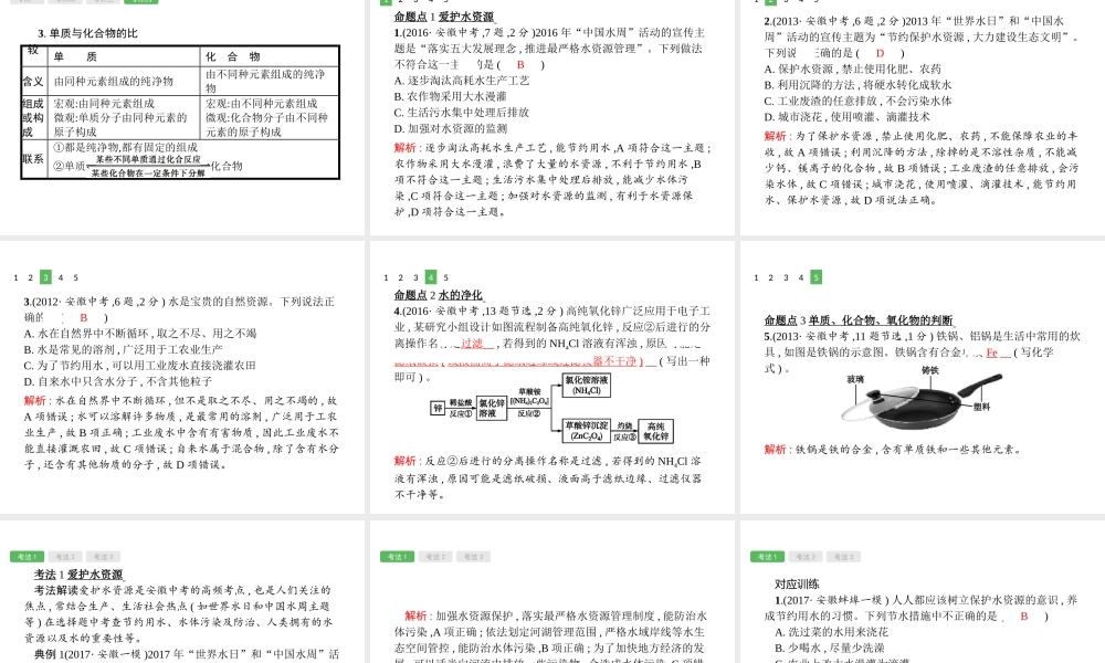 （安徽专版）中考化学总复习 4 课时1 爱护水资源、水的净化和组成课件-人教版初中九年级全册化学课件