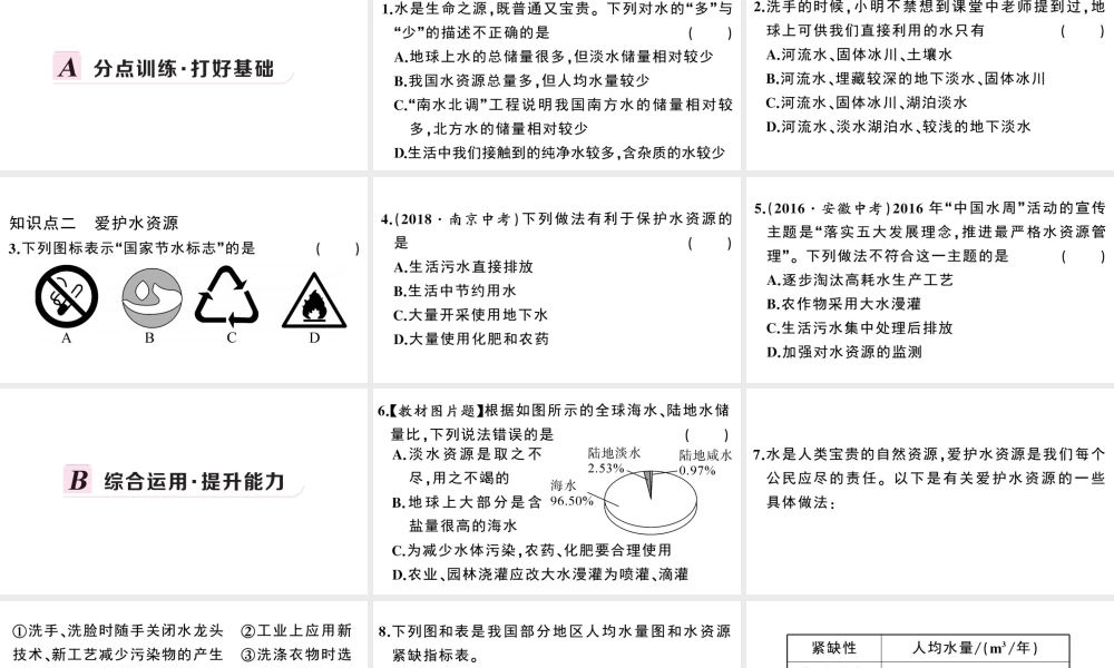 （安徽专版）秋九年级化学上册 第四单元 自然界的水 课题1 爱护水资源习题课件（新版）新人教版-（新版）新人教版初中九年级上册化学课件