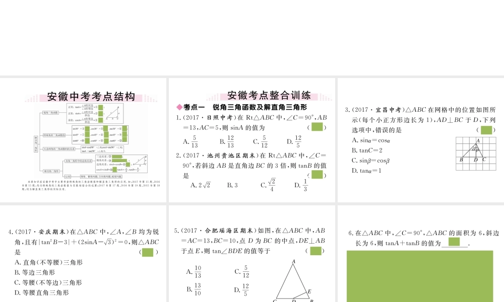 （安徽专版）九年级数学下册 第二十八章 锐角三角函数小结与复习练习课件 （新版）新人教版-（新版）新人教版初中九年级下册数学课件