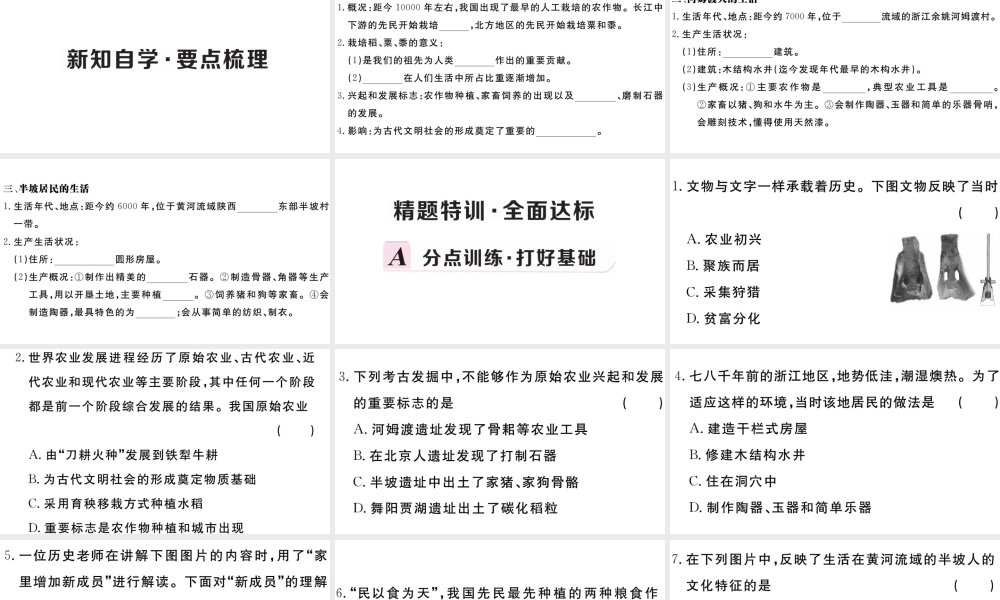 （安徽专版）秋七年级历史上册 第一单元 史前时期：中国境内人类的活动2 原始农耕生活习题课件 新人教版-新人教版初中七年级上册历史课件