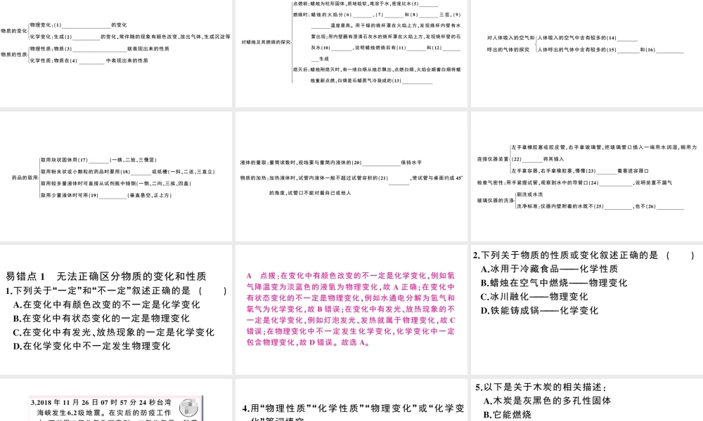 （安徽专版）秋九年级化学上册 第一单元 走进化学世界小结与复习习题课件（新版）新人教版-（新版）新人教版初中九年级上册化学课件