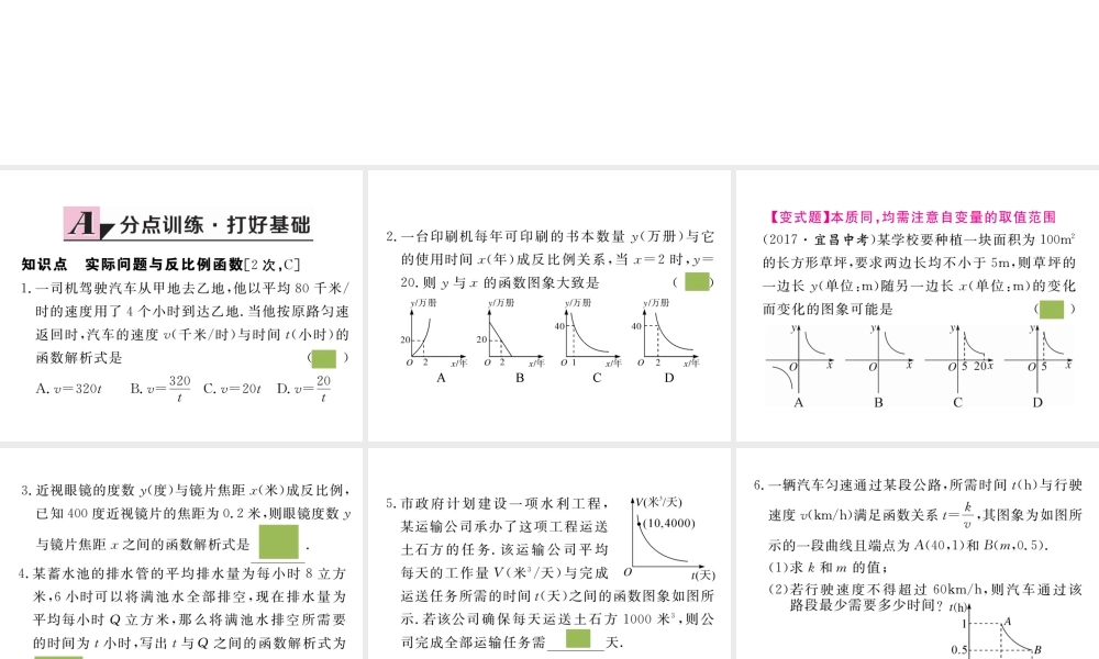 （安徽专版）九年级数学下册 第二十六章 反比例函数 26.2 第1课时 实际问题中的反比例函数练习课件 （新版）新人教版-（新版）新人教版初中九年级下册数学课件