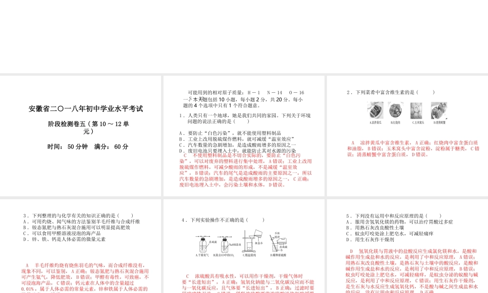 （安徽专版）中考化学总复习 第三部分 模拟检测 冲刺中考 阶段检测卷（五）课件 新人教版-新人教版初中九年级全册化学课件