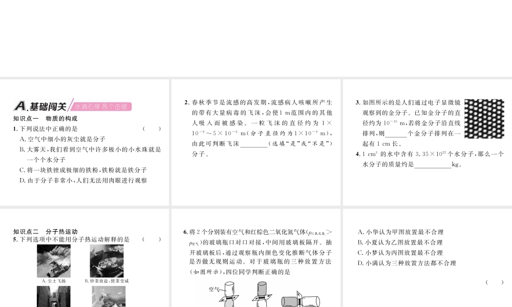 （安徽专版）秋九年级物理全册 第13章 内能 第1节 分子热运动课件 （新版）新人教版-（新版）新人教版初中九年级全册物理课件