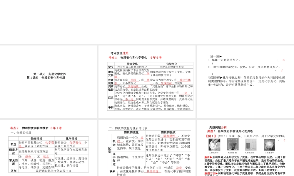 （安徽专版）中考化学总复习 第一部分 系统复习 成绩基石 第一单元 走进化学世界 第1课时 物质的变化和性质课件 新人教版-新人教版初中九年级全册化学课件