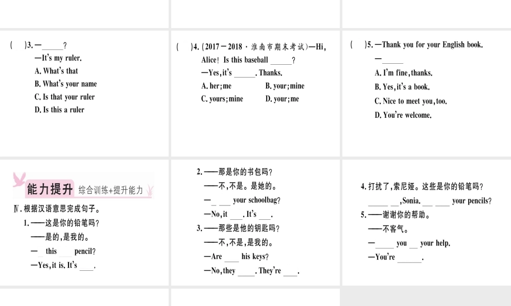 （安徽专版）秋七年级英语上册 Unit 3 Is this your pencil（第2课时）习题讲评课件 （新版）人教新目标版-（新版）人教新目标版初中七年级上册英语课件