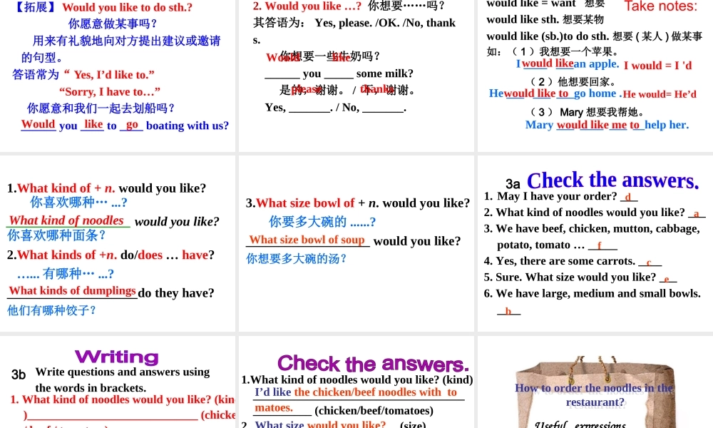 （安徽专版）春七年级英语下册 Unit 10 I’d like some noodles Section A（第2课时）教学课件 （新版）人教新目标版-（新版）人教新目标版初中七年级下册英语课件