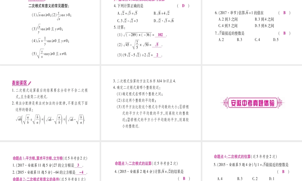 （安徽专版）中考数学总复习 第一轮 考点系统复习 第1章 数与式 第4节 数的开方与二次根式课件-人教版初中九年级全册数学课件
