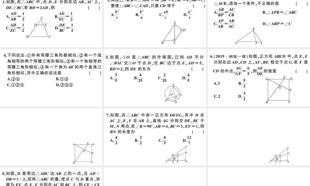 （安徽专版）春九年级数学下册 综合滚动练习 相似三角形的性质与判定课件（新版）新人教版-（新版）新人教版初中九年级下册数学课件