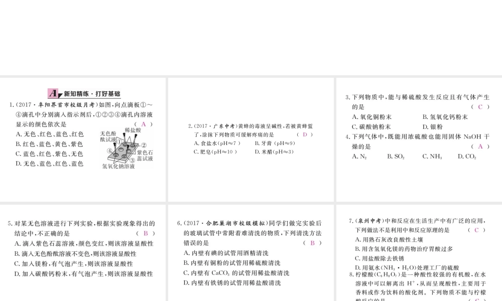（安徽专版）九年级化学下册 10 酸和碱 实验活动6 酸、碱的化学性质练习课件 （新版）新人教版-（新版）新人教版初中九年级下册化学课件
