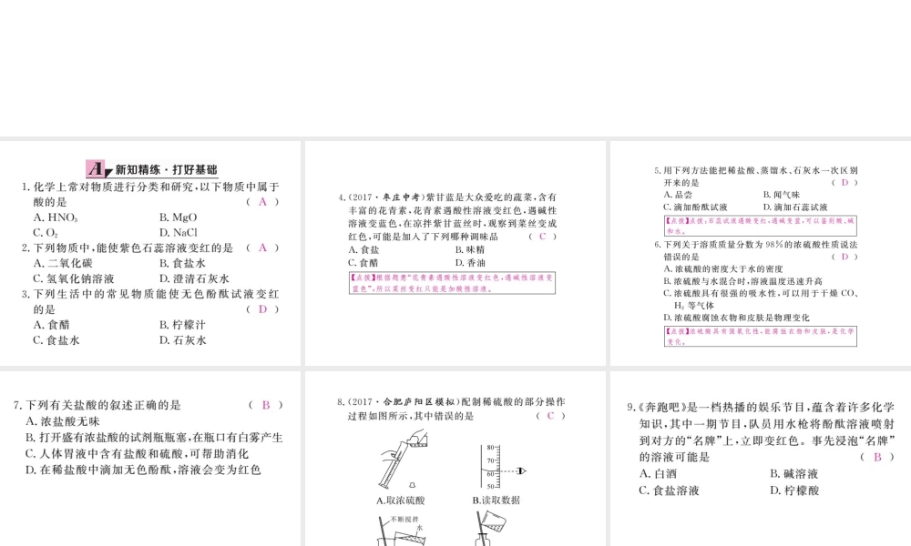 （安徽专版）九年级化学下册 10.1 常见的酸和碱 第1课时 酸碱指示剂 几种常见的酸练习课件 （新版）新人教版-（新版）新人教版初中九年级下册化学课件