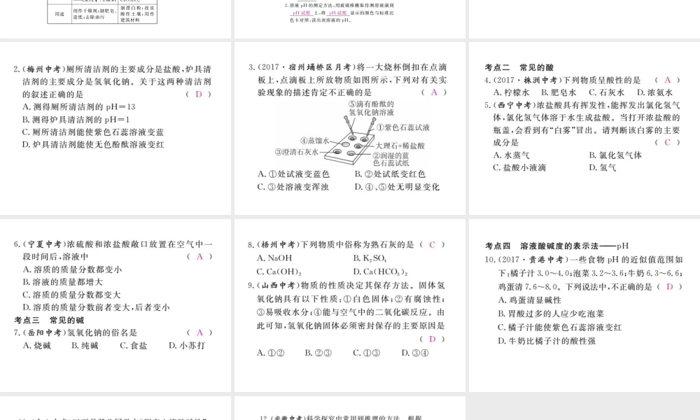 （安徽专版）九年级化学下册 寒假复习九 常见的酸和碱练习课件 （新版）新人教版-（新版）新人教版初中九年级下册化学课件