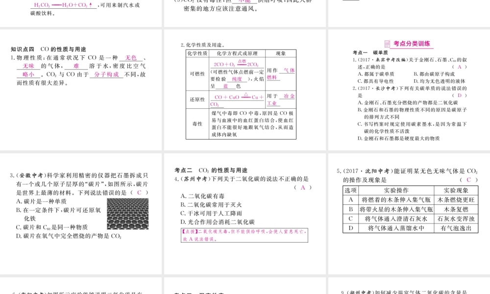 （安徽专版）九年级化学下册 寒假复习三 碳和碳的氧化物练习课件 （新版）新人教版-（新版）新人教版初中九年级下册化学课件
